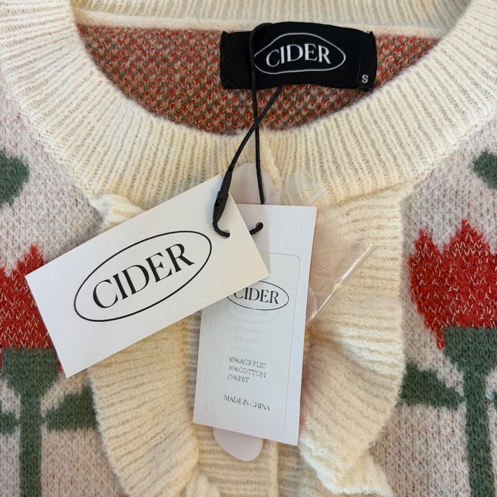 New- Cider Womens Small Jacquard Tulip Floral Ruffle Knit Cardigan Sweater Ivory - Picture 5 of 7